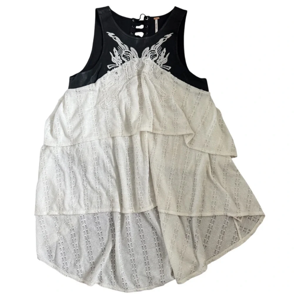 Free People Faux Leather Black and White Lace-Up Back Layered Top